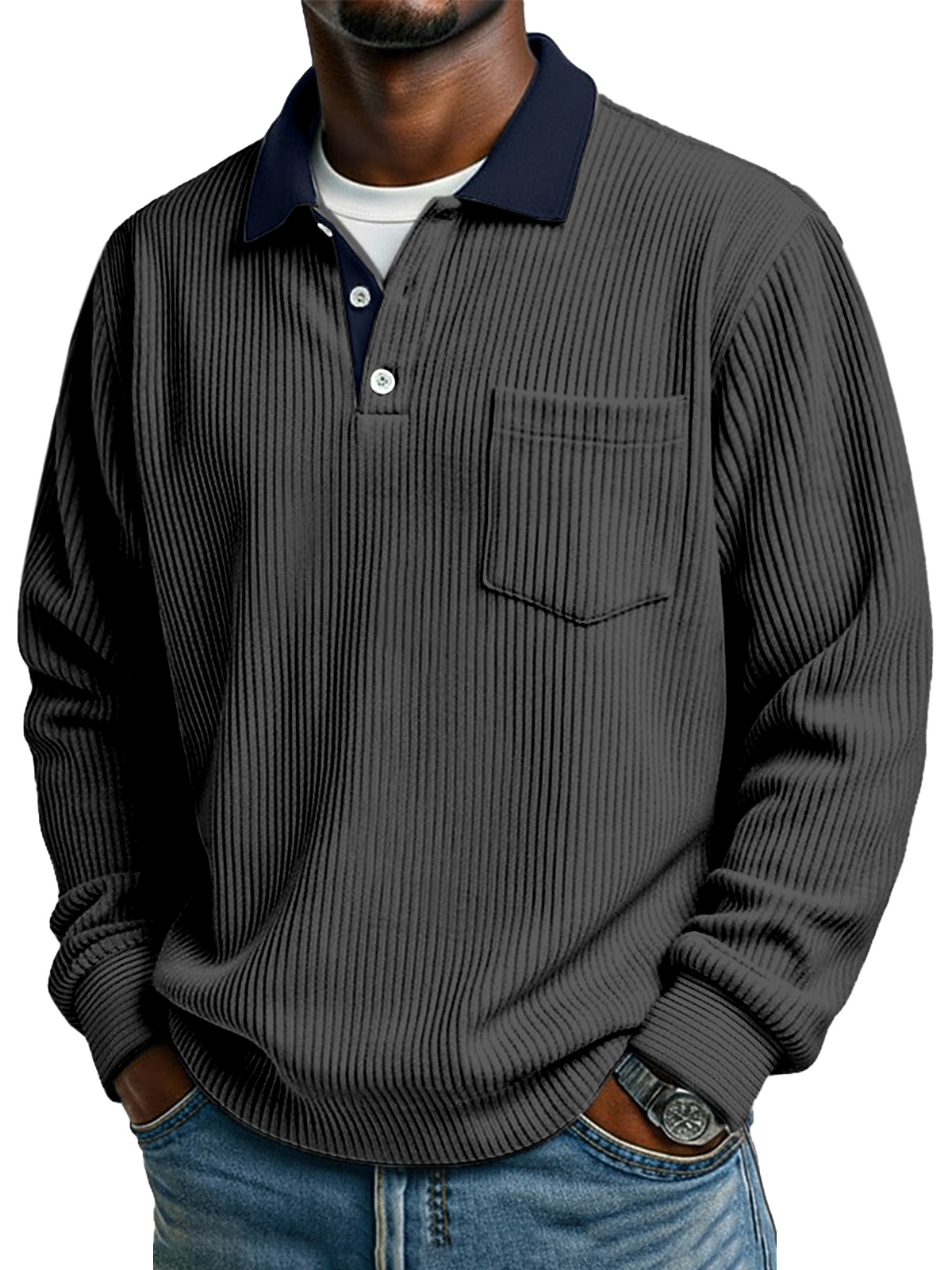 Retro Simple Collar Contrasting Corduroy Button Long-sleeved Polo Shirt