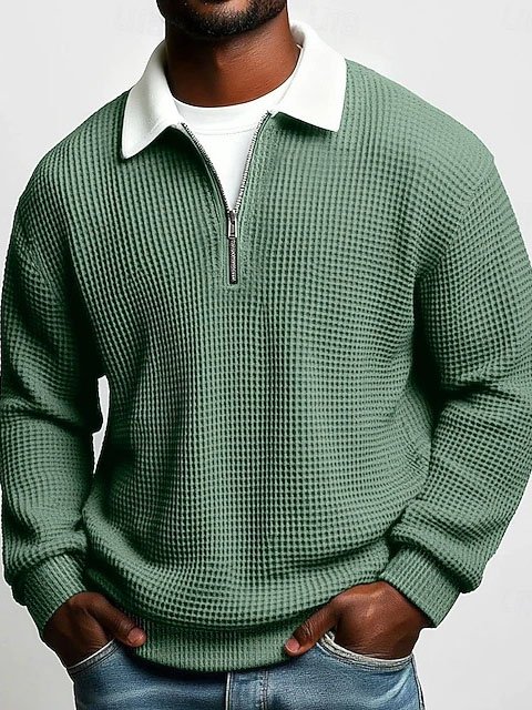 Elovard® Hawaii Basic Waffle Knit Men's Zip-Up Long-Sleeve Polo Shirt Big & Tall