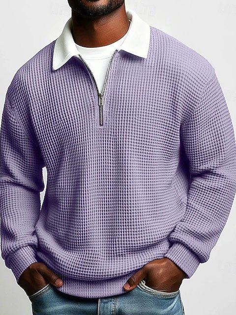 Elovard® Hawaii Basic Waffle Knit Men's Zip-Up Long-Sleeve Polo Shirt Big & Tall