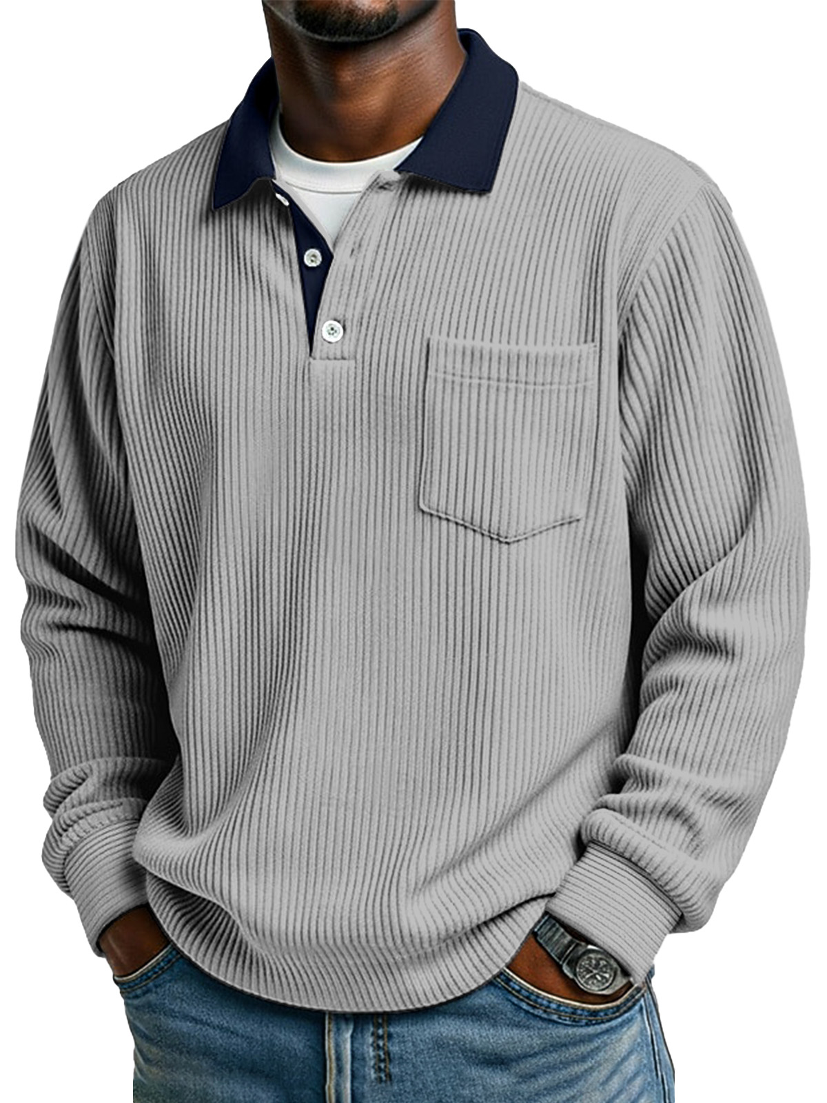 Retro Simple Collar Contrasting Corduroy Button Long-sleeved Polo Shirt