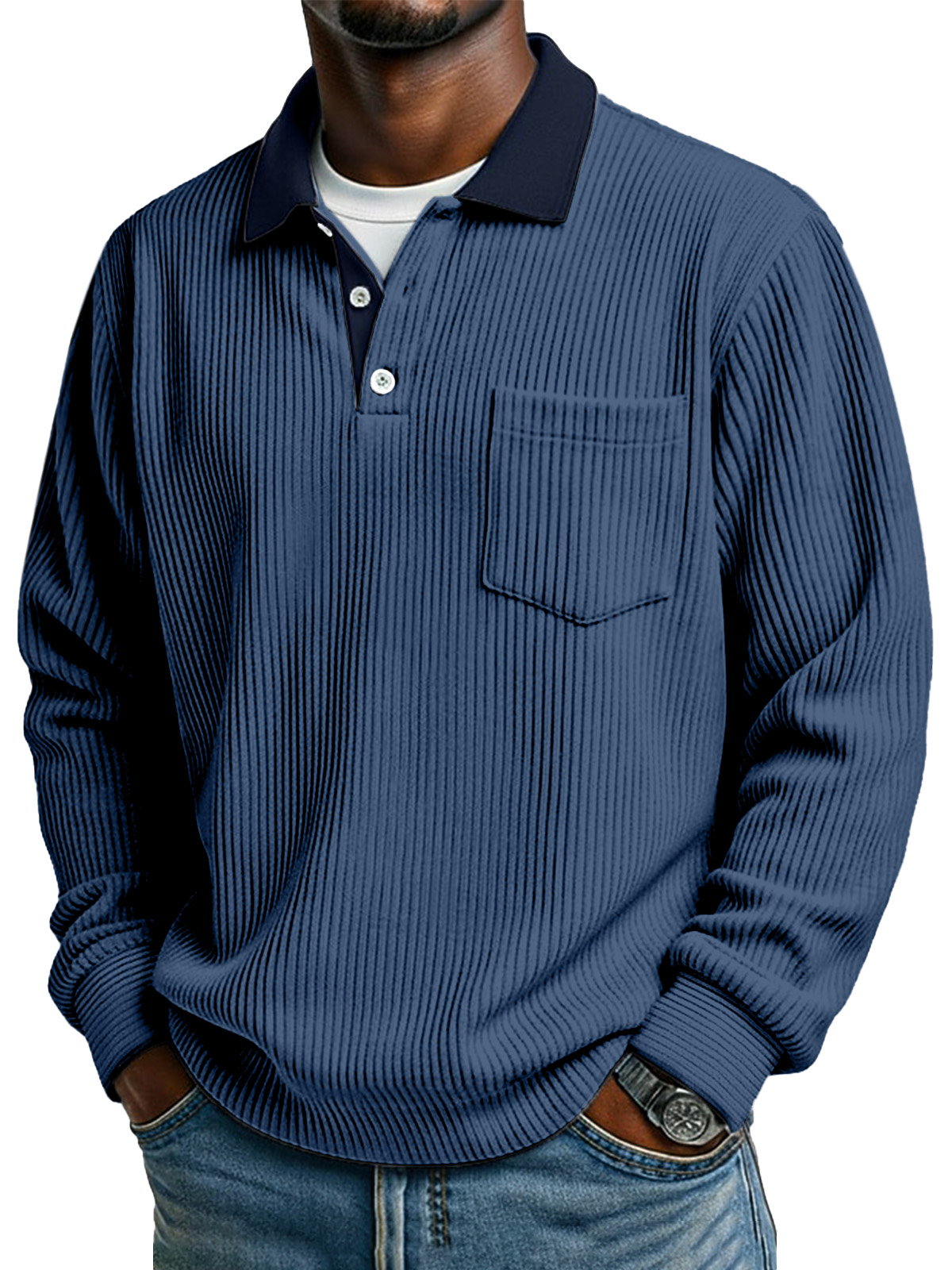 Retro Simple Collar Contrasting Corduroy Button Long-sleeved Polo Shirt