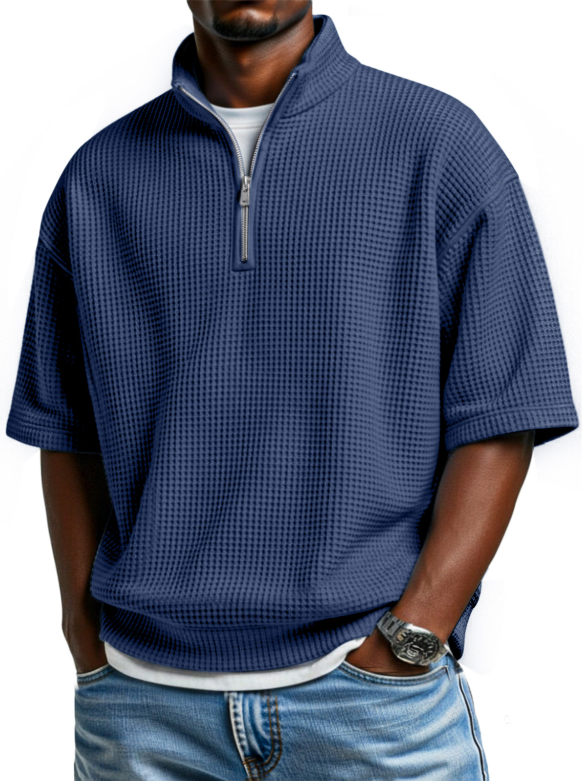 Men's simple basic waffle zipper stand collar short-sleeved POLO shirt