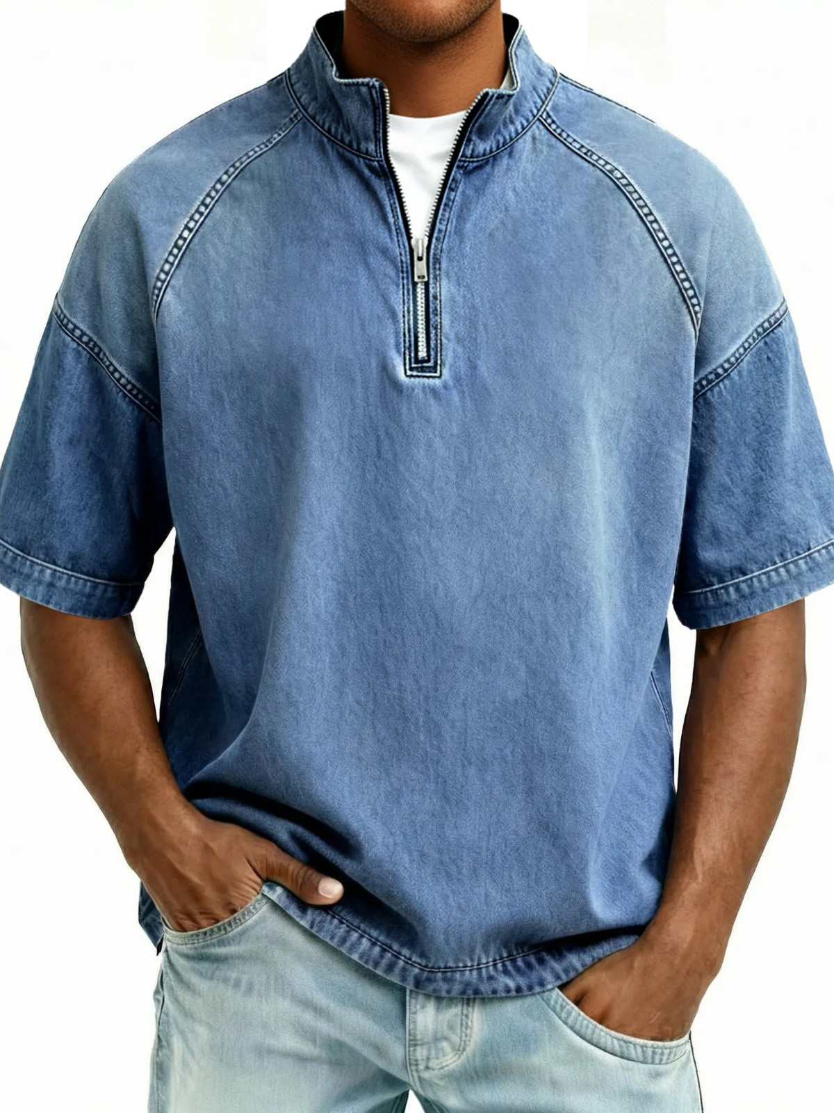 Men's Distressed Stand Collar Zipper Short-Sleeve Top