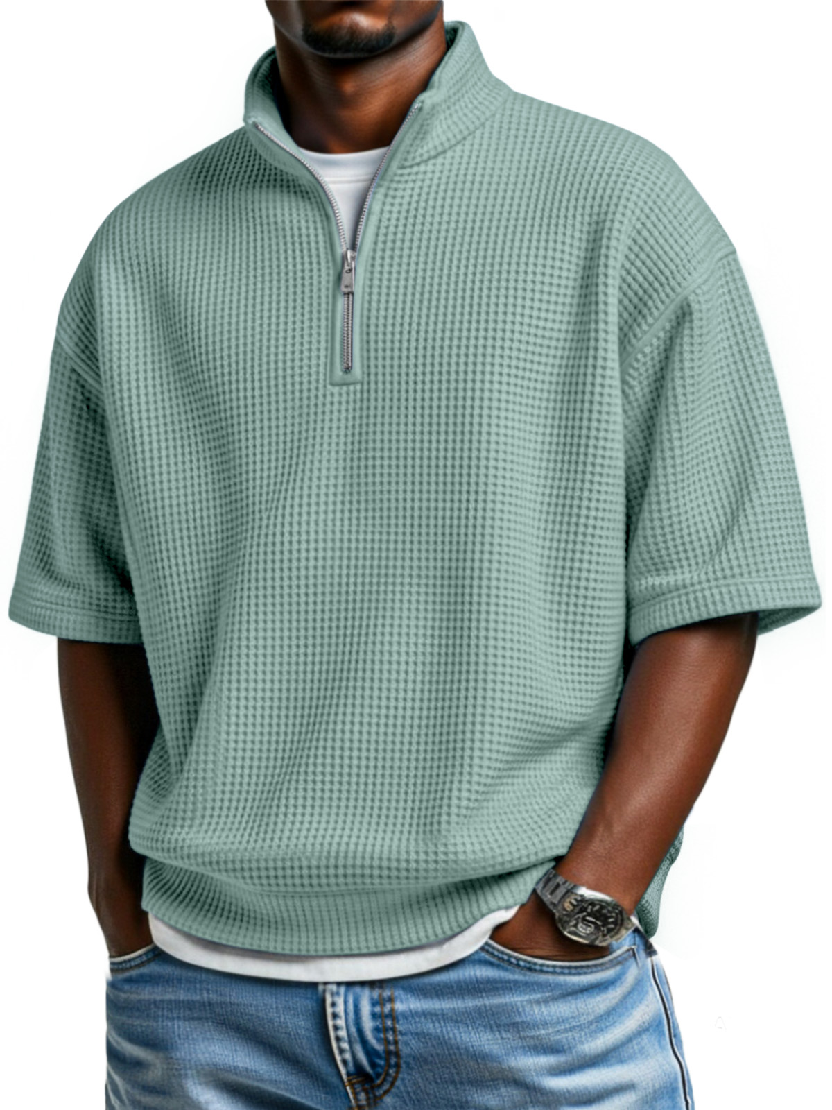 Men's simple basic waffle zipper stand collar short-sleeved POLO shirt