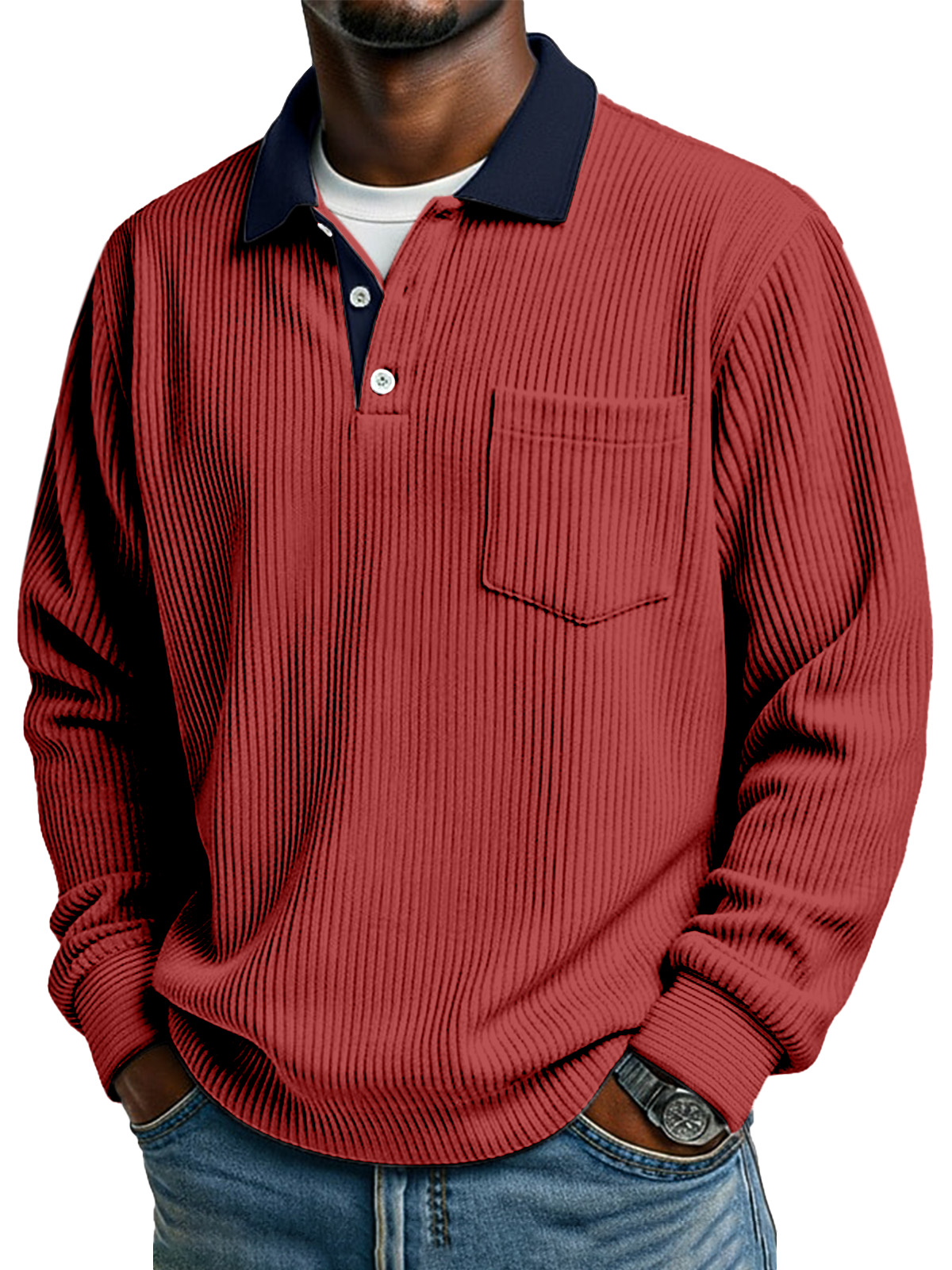 Retro Simple Collar Contrasting Corduroy Button Long-sleeved Polo Shirt