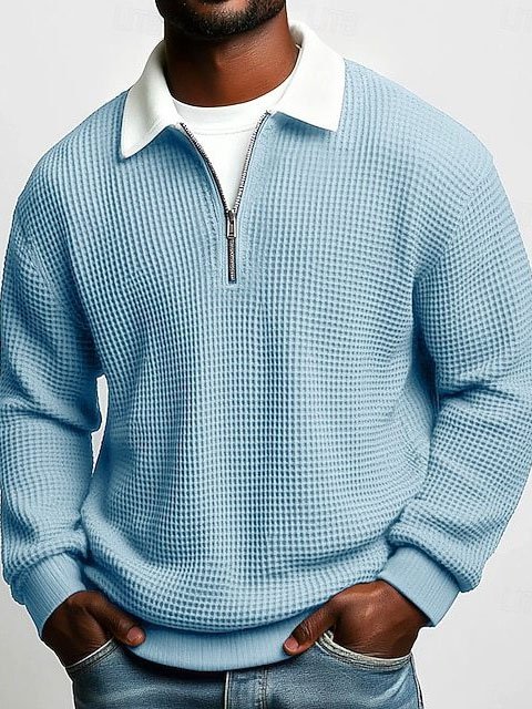 Elovard® Hawaii Basic Waffle Knit Men's Zip-Up Long-Sleeve Polo Shirt Big & Tall