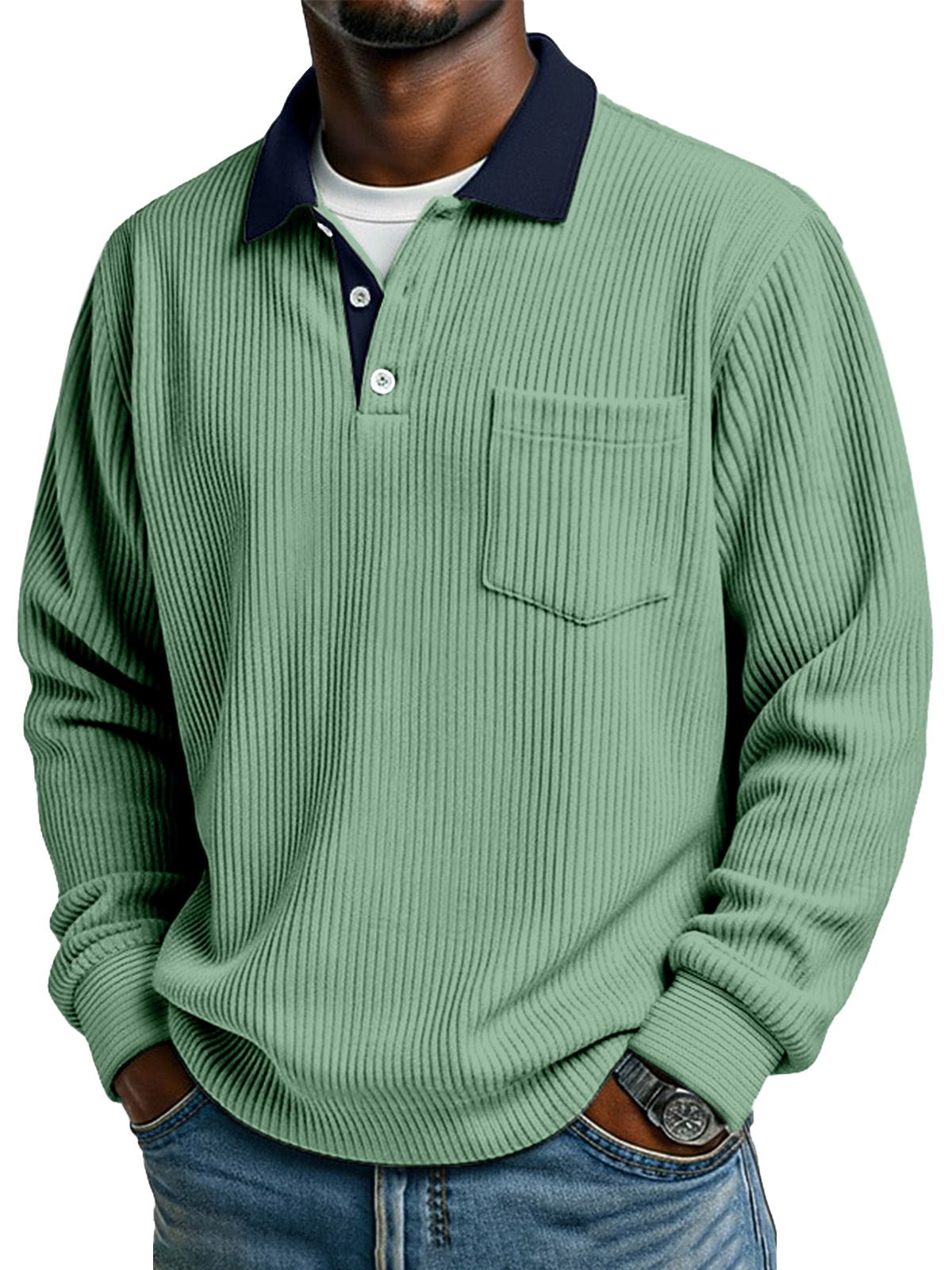 Retro Simple Collar Contrasting Corduroy Button Long-sleeved Polo Shirt
