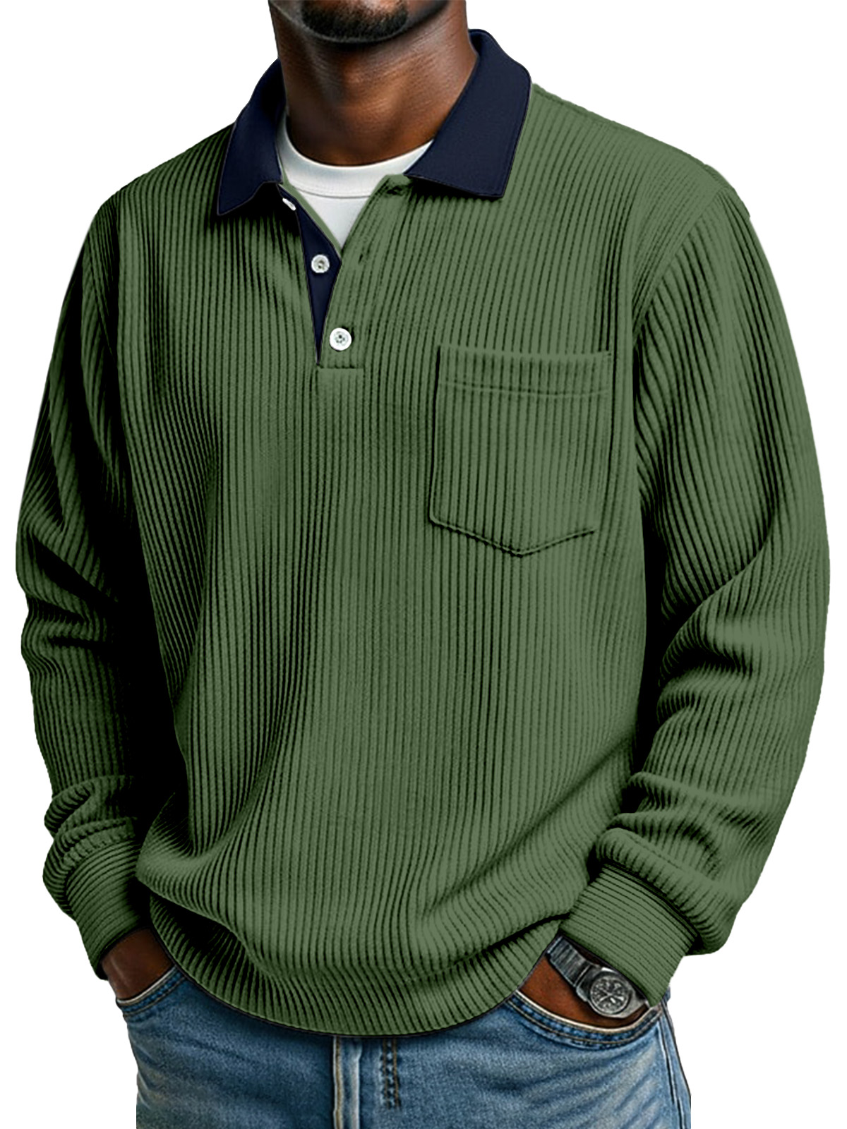 Retro Simple Collar Contrasting Corduroy Button Long-sleeved Polo Shirt
