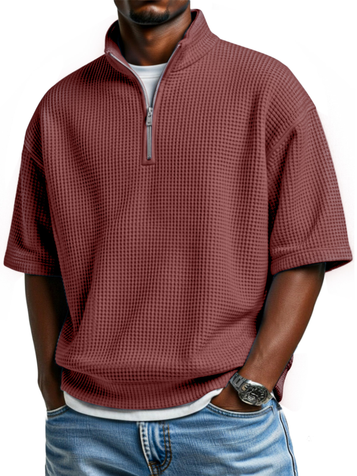 Men's simple basic waffle zipper stand collar short-sleeved POLO shirt