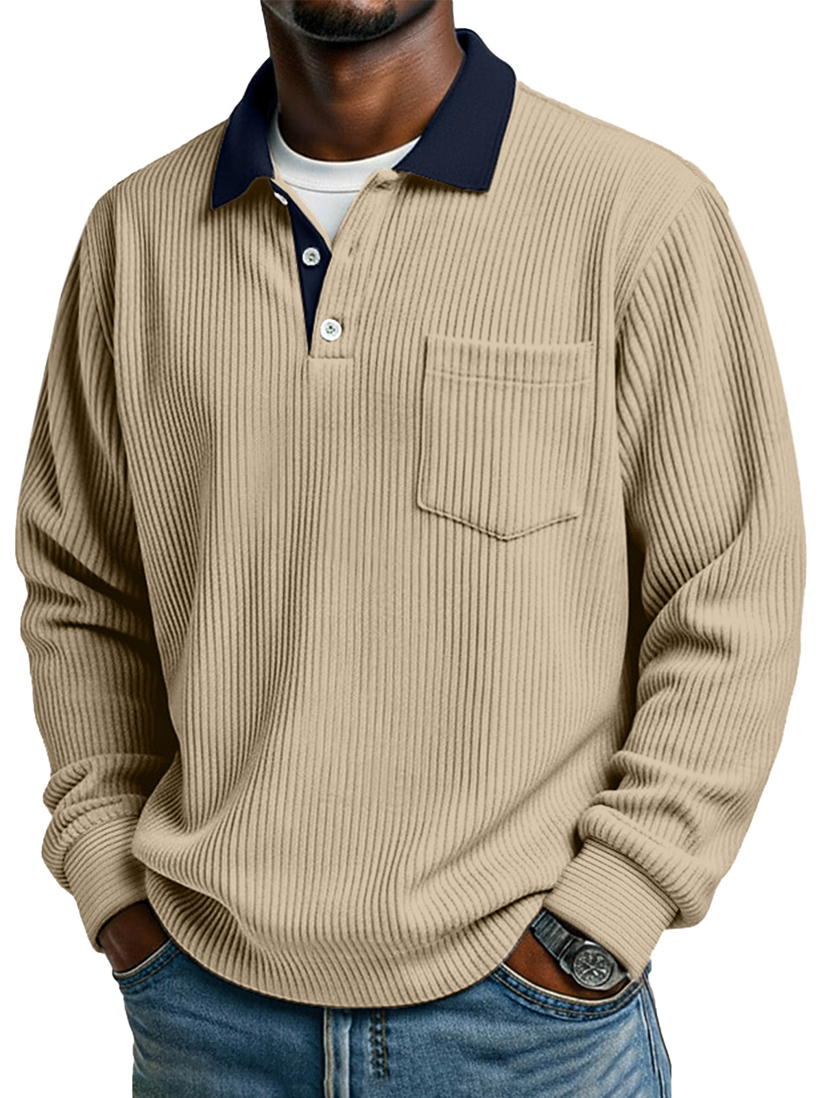 Retro Simple Collar Contrasting Corduroy Button Long-sleeved Polo Shirt