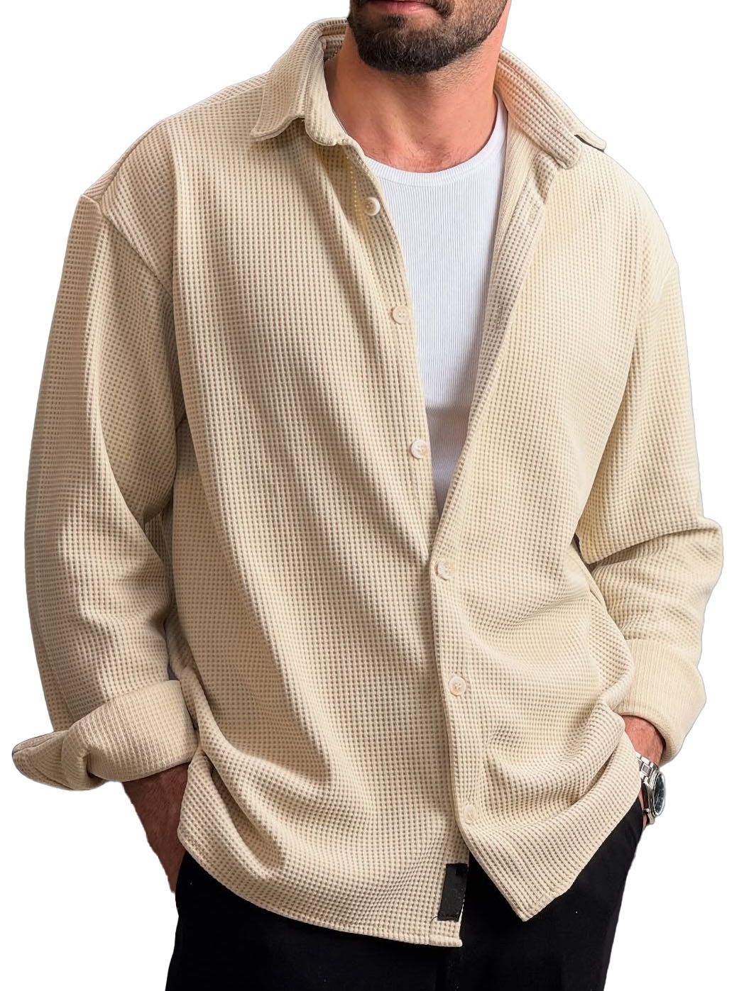 Men's Stylish Everyday Casual Waffle Fabric Lapel Long-sleeved Shirt