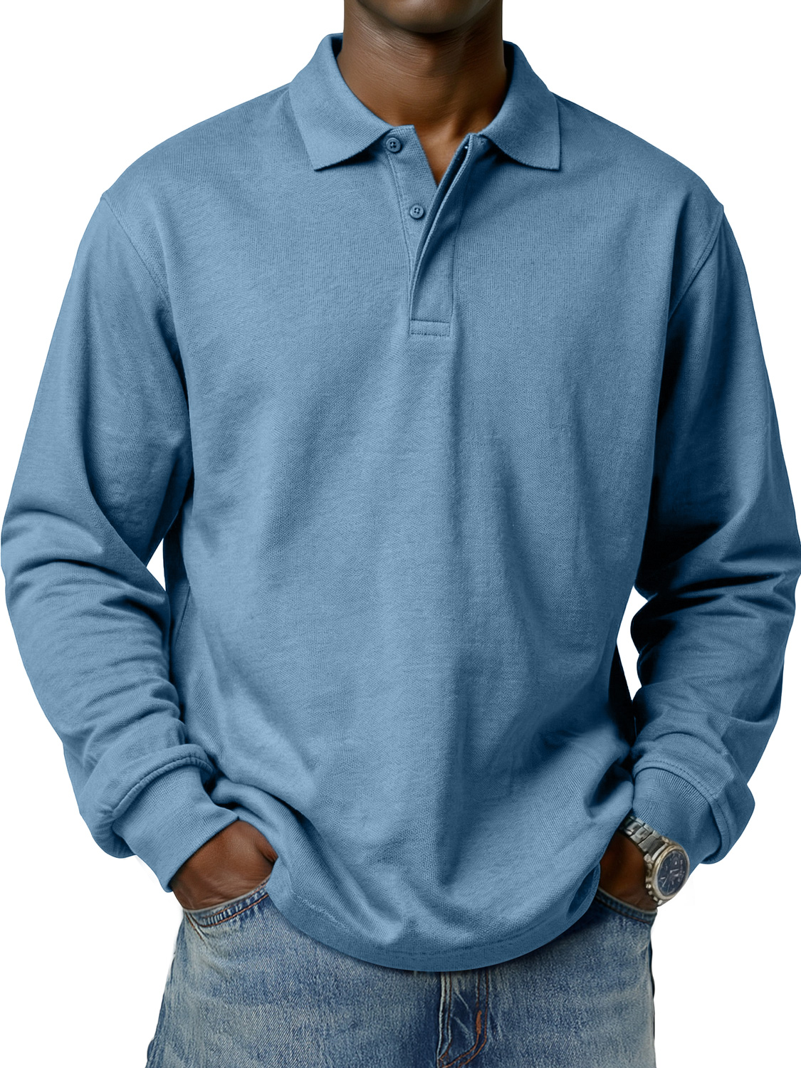 Men's Comfortable and Simple Double-Layer Collar Casual Long-Sleeve Polo Shirt