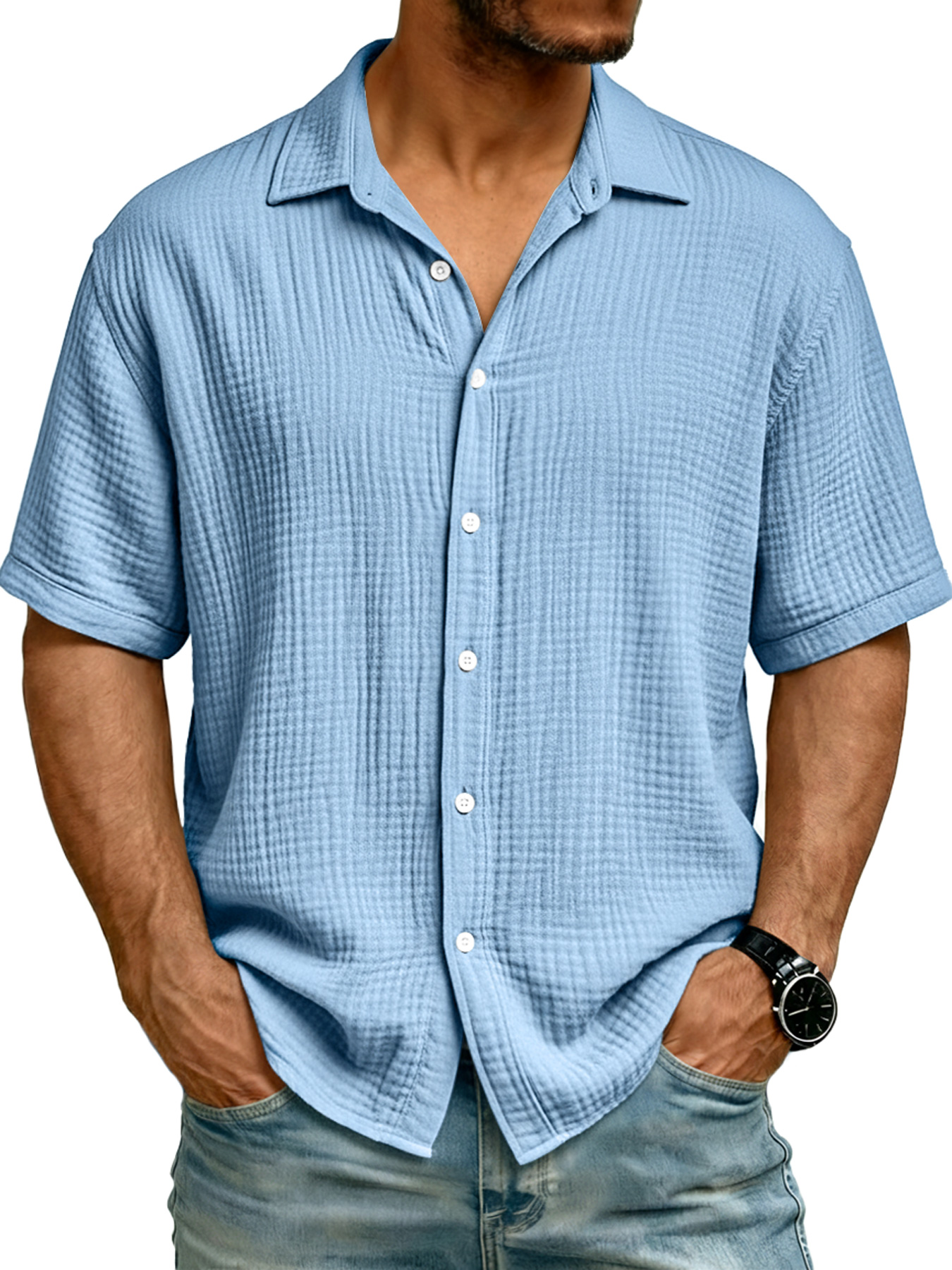 Men's Pure Cotton Comfortable Wrinkled Collar Button Casual Short-sleeved Shirt