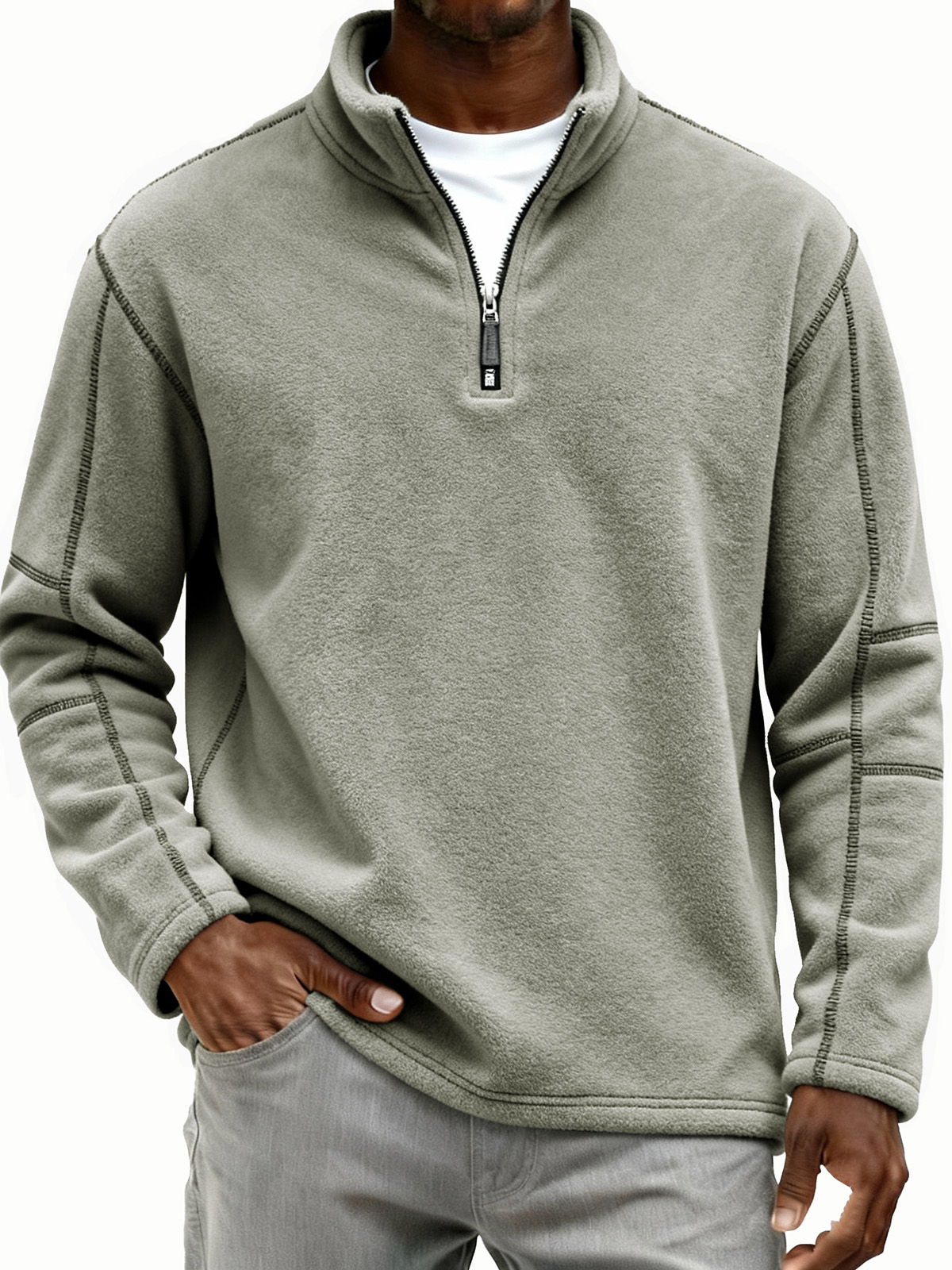 Men's Retro Fashion Lambswool Fabric Stand Collar Zipper Long-Sleeve Polo Shirt