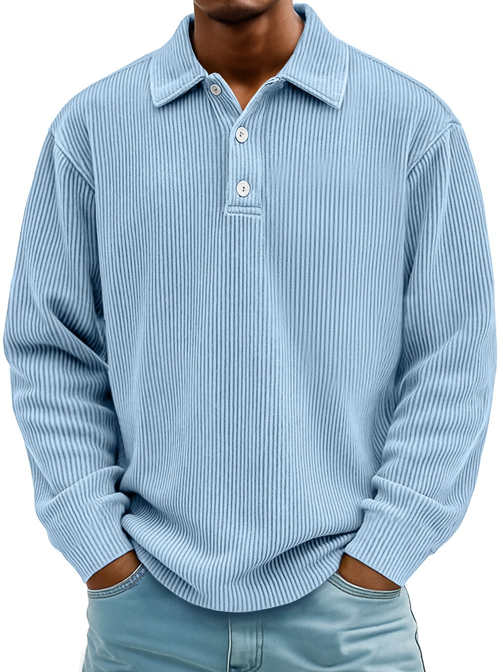 Men's Daily Casual Ribbed Lapel Button-down Loose Long-sleeved Polo Shirt