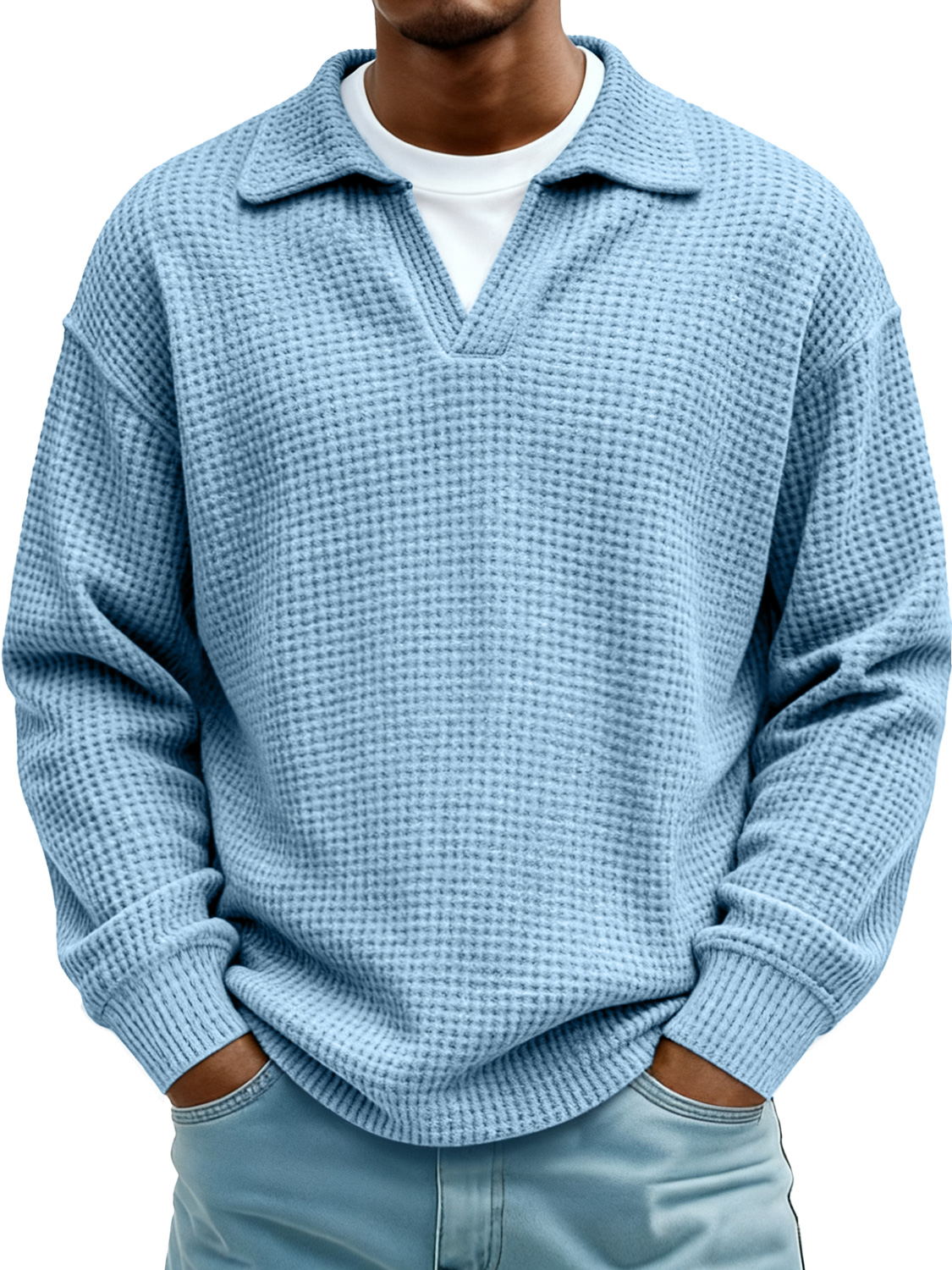 Men's Waffle-knit Faux Two-piece Collared Casual Polo Shirt