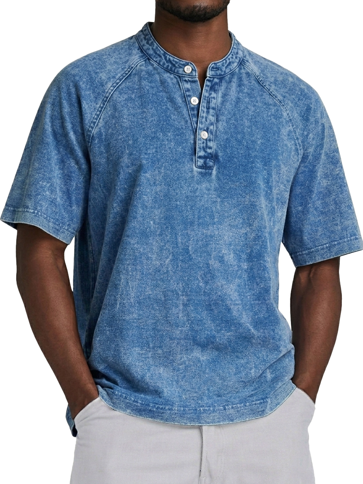 Men's Retro Raglan Collar Button Casual Short Sleeve Henley Shirt