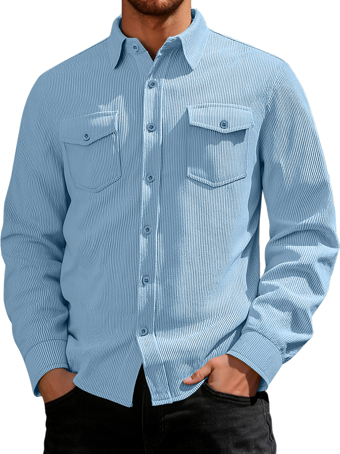 Vintage Corduroy Double Pocket Lapel Button Casual Long Sleeve Shirt