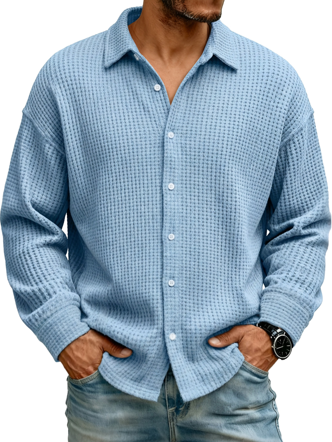 Men's Lapel Waffle Knit Casual Solid Color Long-sleeved Shirt