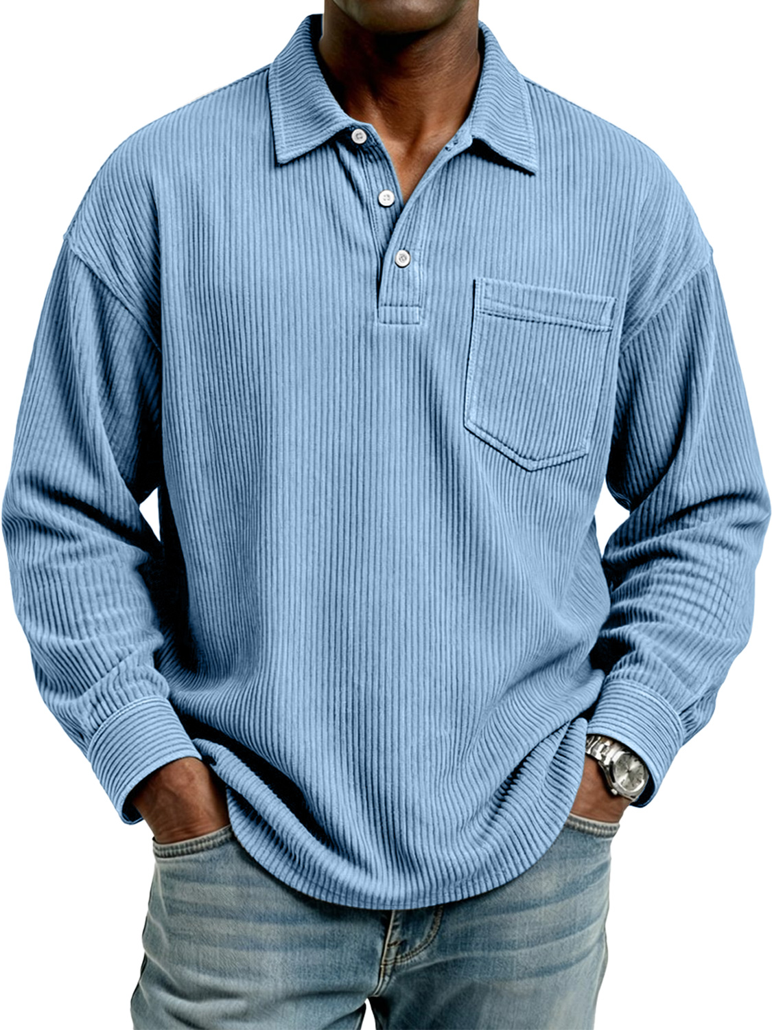 Men's Retro Corduroy Lapel Button Casual Pocket Long-Sleeve Polo Shirt