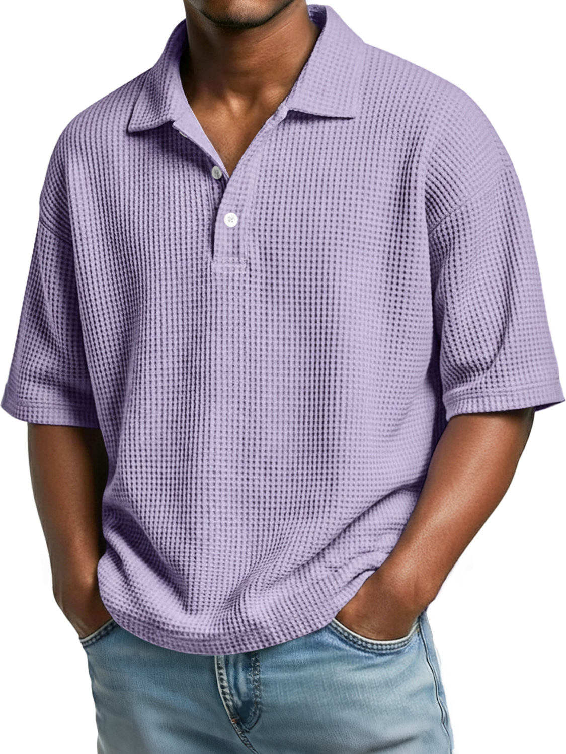 Mens Simple Waffle Knit Collar Button-Up Casual Short Sleeve Polo Shirt