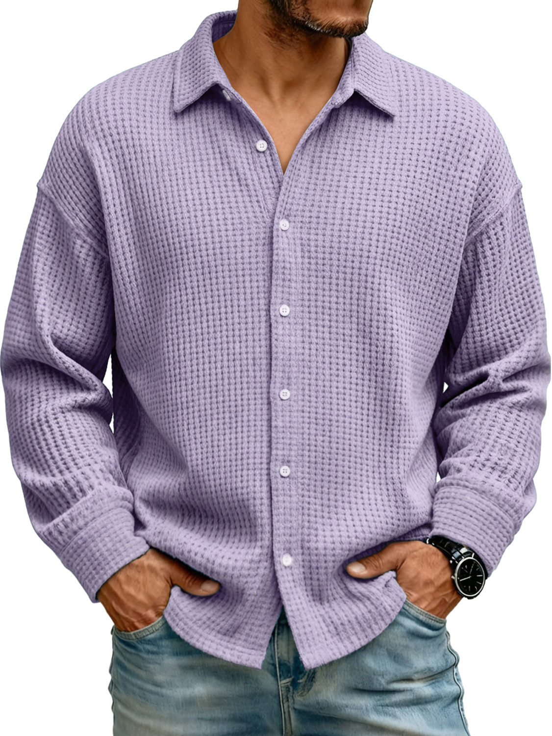 Men's Lapel Waffle Knit Casual Solid Color Long-sleeved Shirt