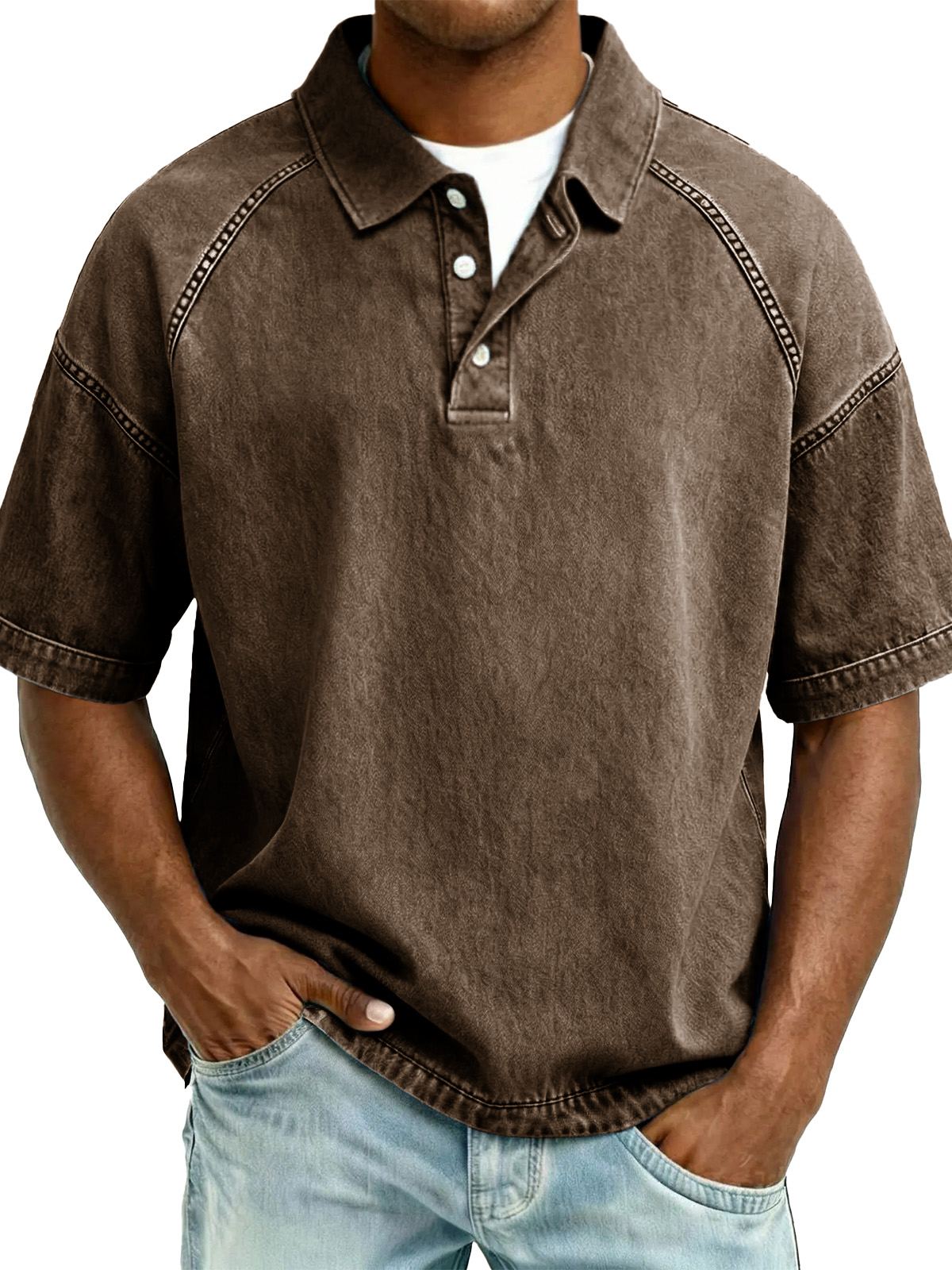 Men's Retro Distressed Raglan Short-Sleeve Polo Shirt