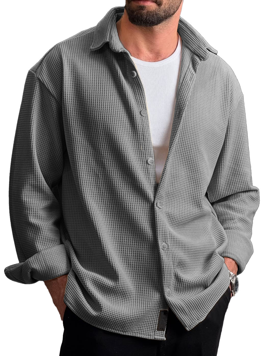 Men's Stylish Everyday Casual Waffle Fabric Lapel Long-sleeved Shirt