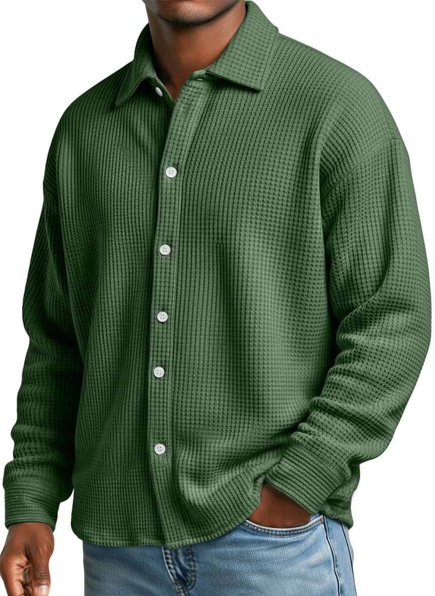 Men's Simple Waffle Texture Casual Loose Long-sleeved Shirt