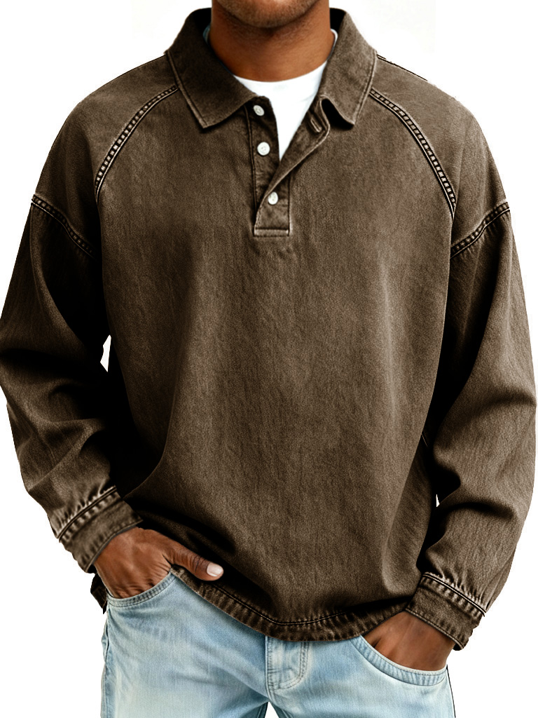 🔥Last Today 70% Off - Men's Retro Fashion Distressed Raglan Sleeve Lapel Long-Sleeve Polo Shirt