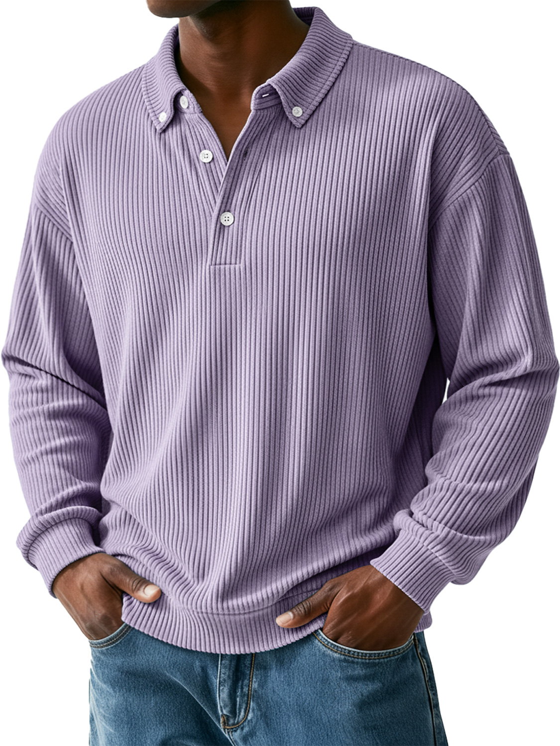 Men's Simple Ribbed Collar Button Casual Long-Sleeve Polo Shirt