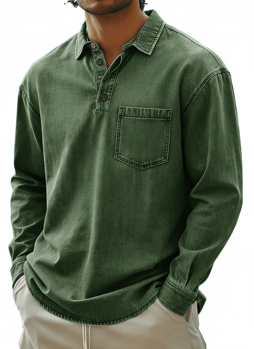 Men's Fashionable Retro Distressed Collared Pocket Long-Sleeved Polo Shirt