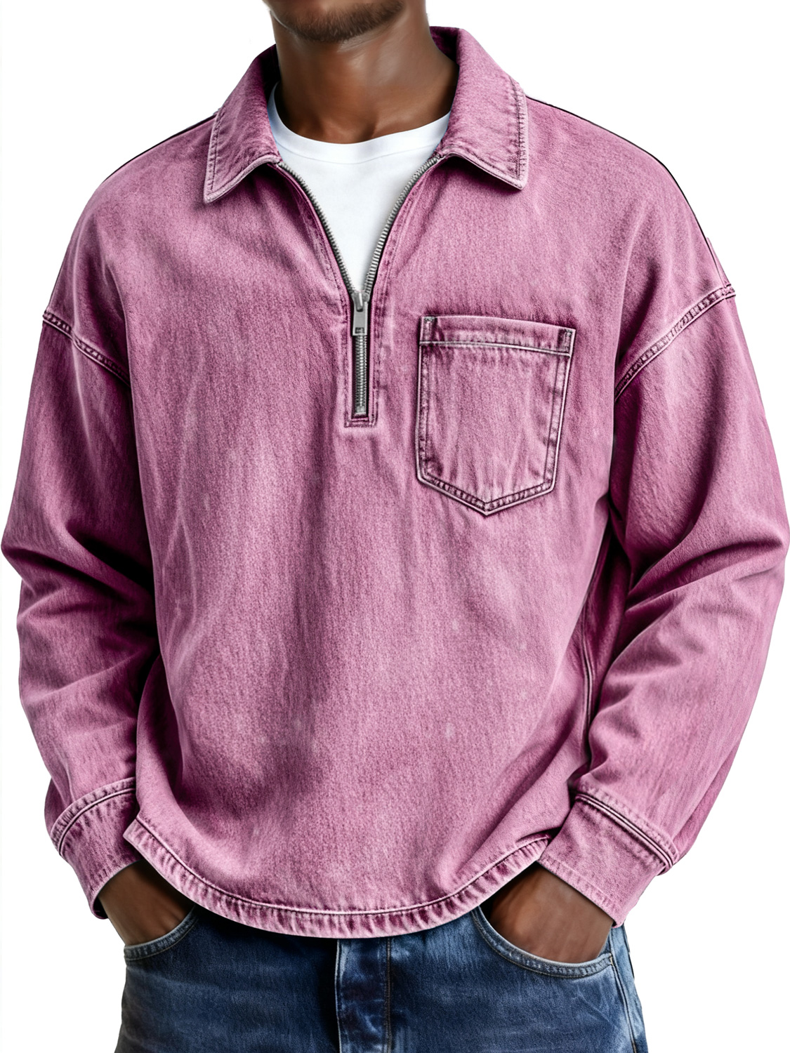 Men's Retro Lapel Zipper Casual Pocket Long-Sleeve Polo Shirt