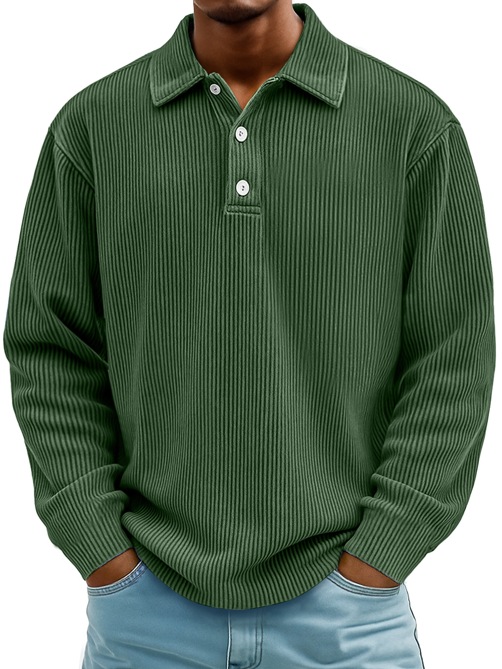 Men's Daily Casual Ribbed Lapel Button-down Loose Long-sleeved Polo Shirt