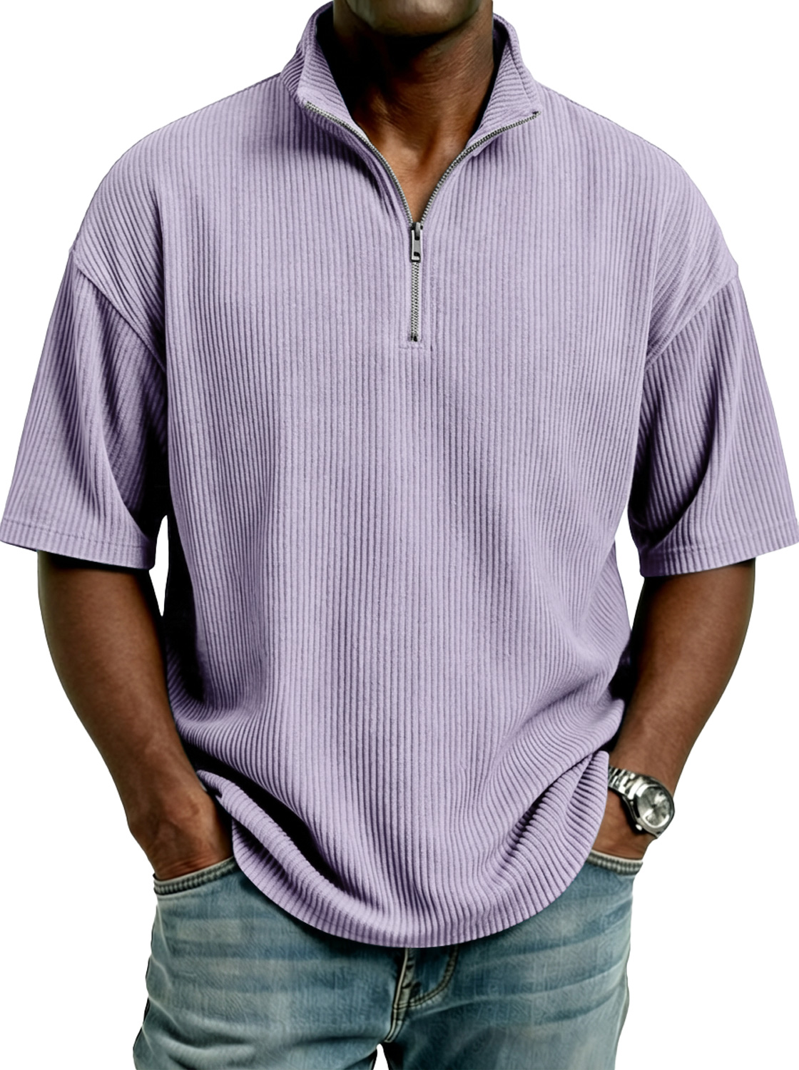 Men's Simple Corduroy Stand-collar Zip-up Casual Short-sleeved T-shirt