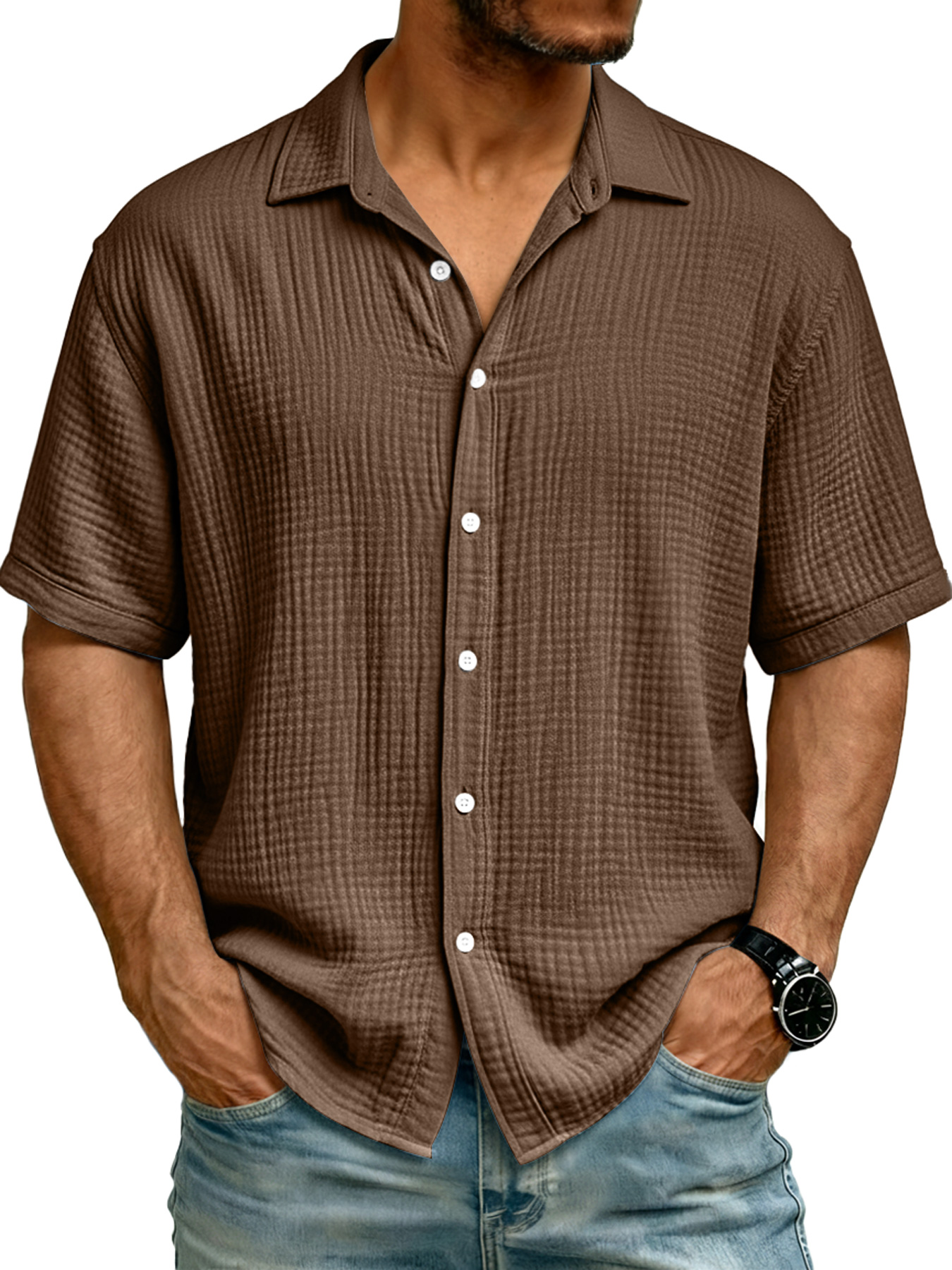 Men's Pure Cotton Comfortable Wrinkled Collar Button Casual Short-sleeved Shirt