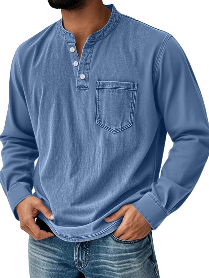 Men's Vintage Basic Washed Distressed Long Sleeve Henley Shirt