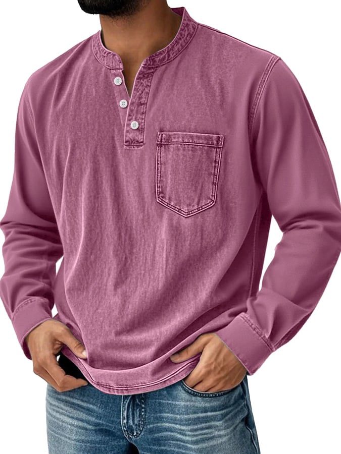 Men's Vintage Basic Washed Distressed Long Sleeve Henley Shirt