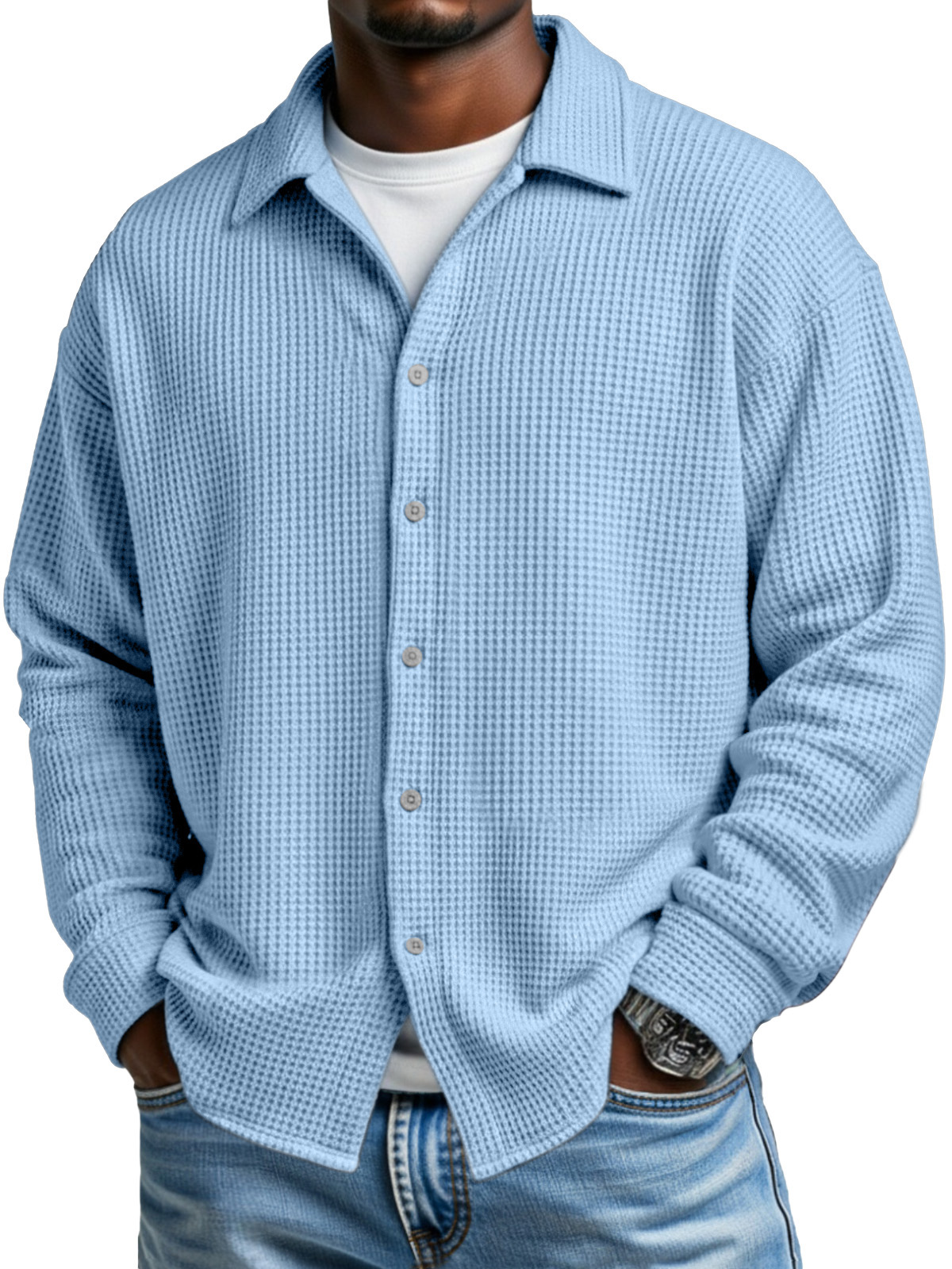Men's Simple Solid Color Waffle Casual Loose Long-sleeved Shirt