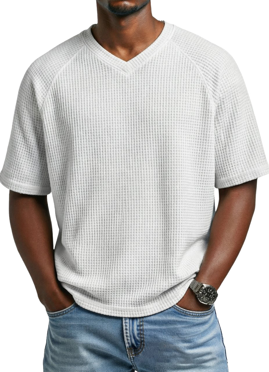 Men's fashionable waffle-knit raglan sleeve V-neck short-sleeved T-shirt