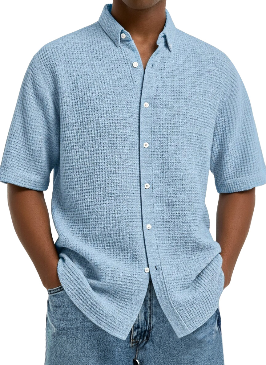 Men's Casual Simple Solid Color Waffle Short Sleeve Shirt