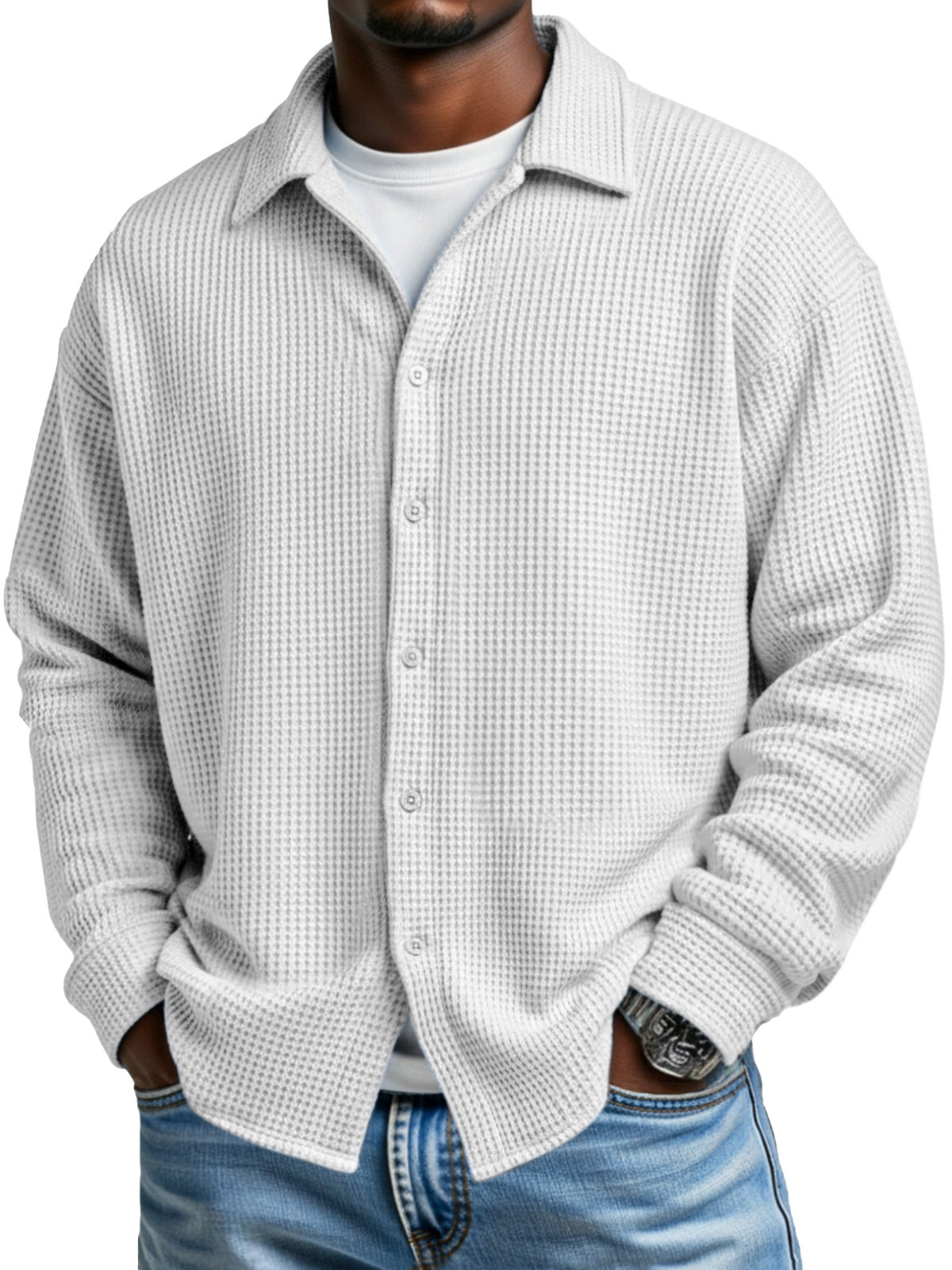 Men's Simple Solid Color Waffle Casual Loose Long-sleeved Shirt