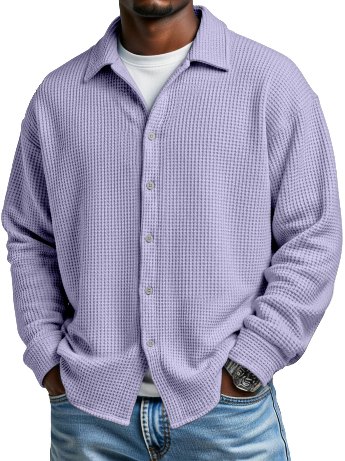 Men's Simple Solid Color Waffle Casual Loose Long-sleeved Shirt