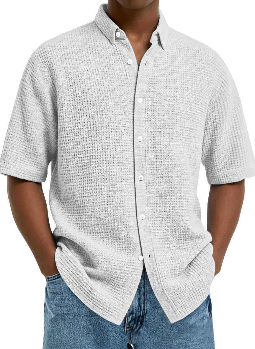 Men's Casual Simple Solid Color Waffle Short Sleeve Shirt