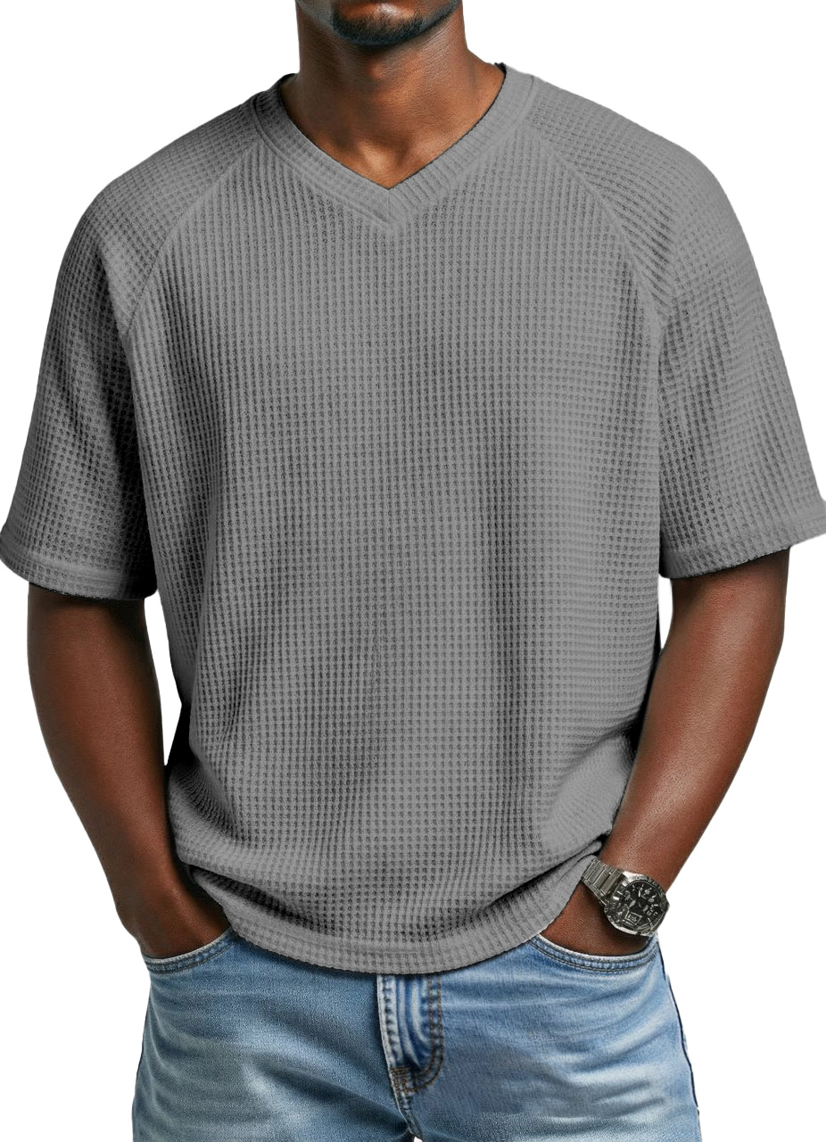 Men's fashionable waffle-knit raglan sleeve V-neck short-sleeved T-shirt