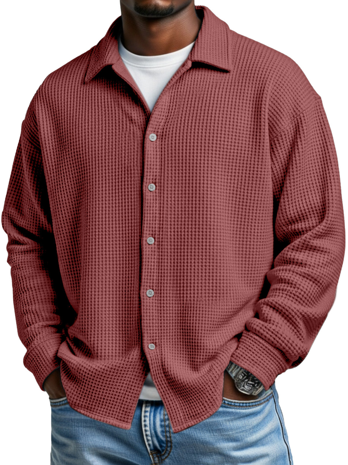 Men's Simple Solid Color Waffle Casual Loose Long-sleeved Shirt