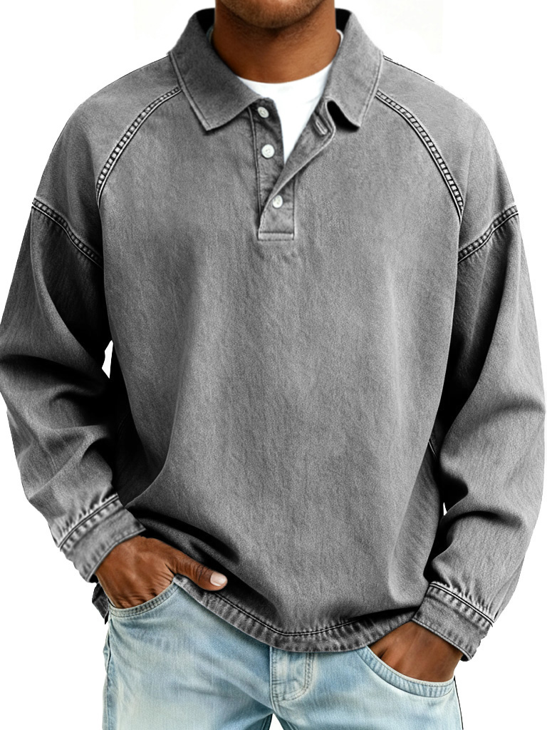 🔥Last Today 70% Off - Men's Retro Fashion Distressed Raglan Sleeve Lapel Long-Sleeve Polo Shirt