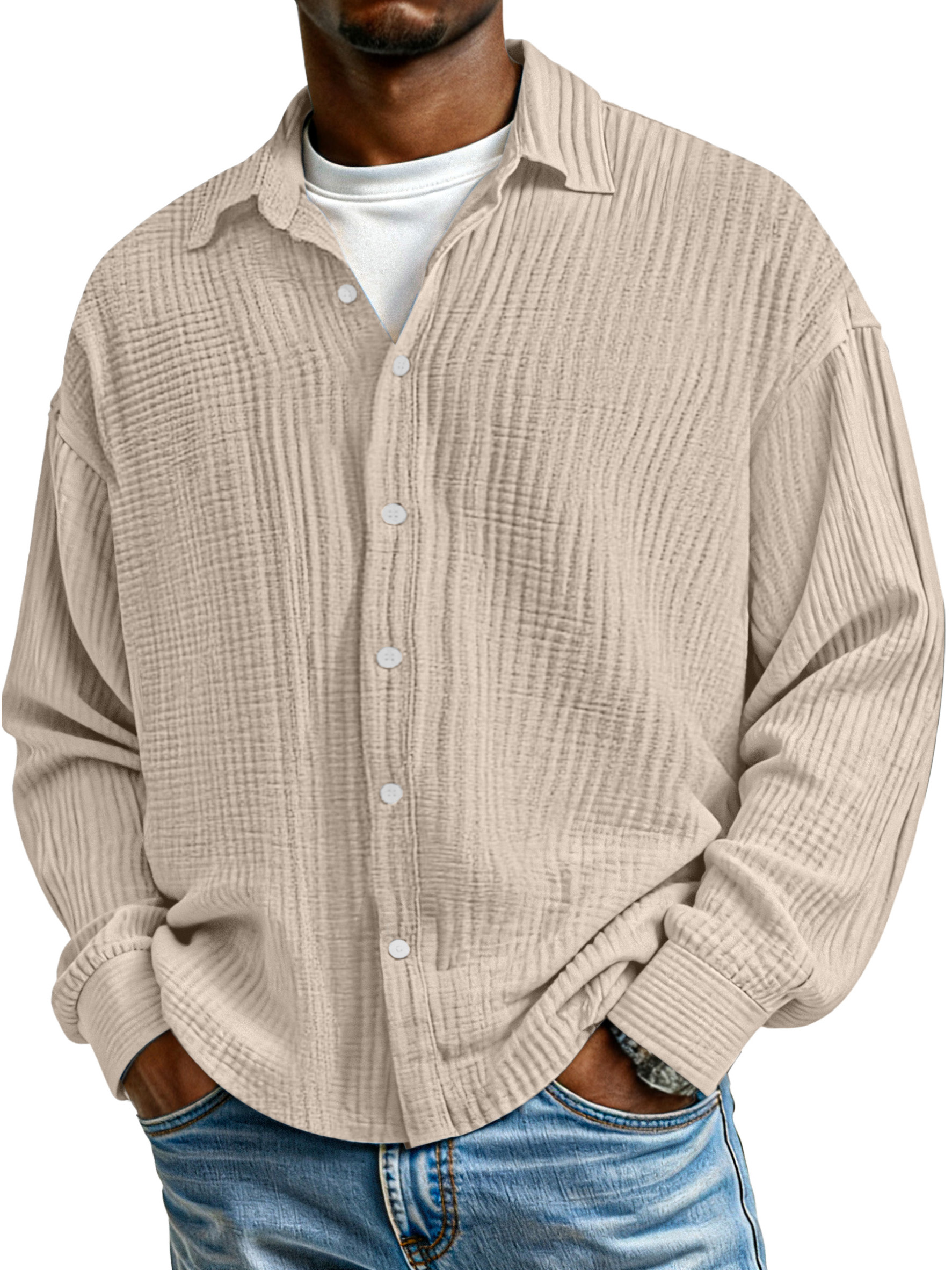 Men's Simple Solid Color Pure Cotton Pleated Loose Long-sleeved Shirt