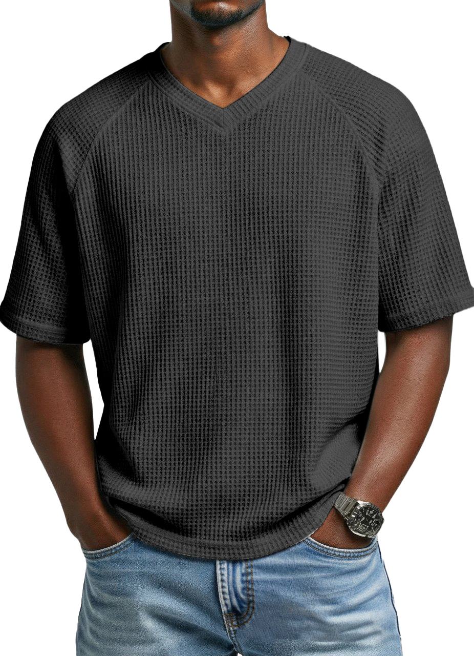 Men's fashionable waffle-knit raglan sleeve V-neck short-sleeved T-shirt