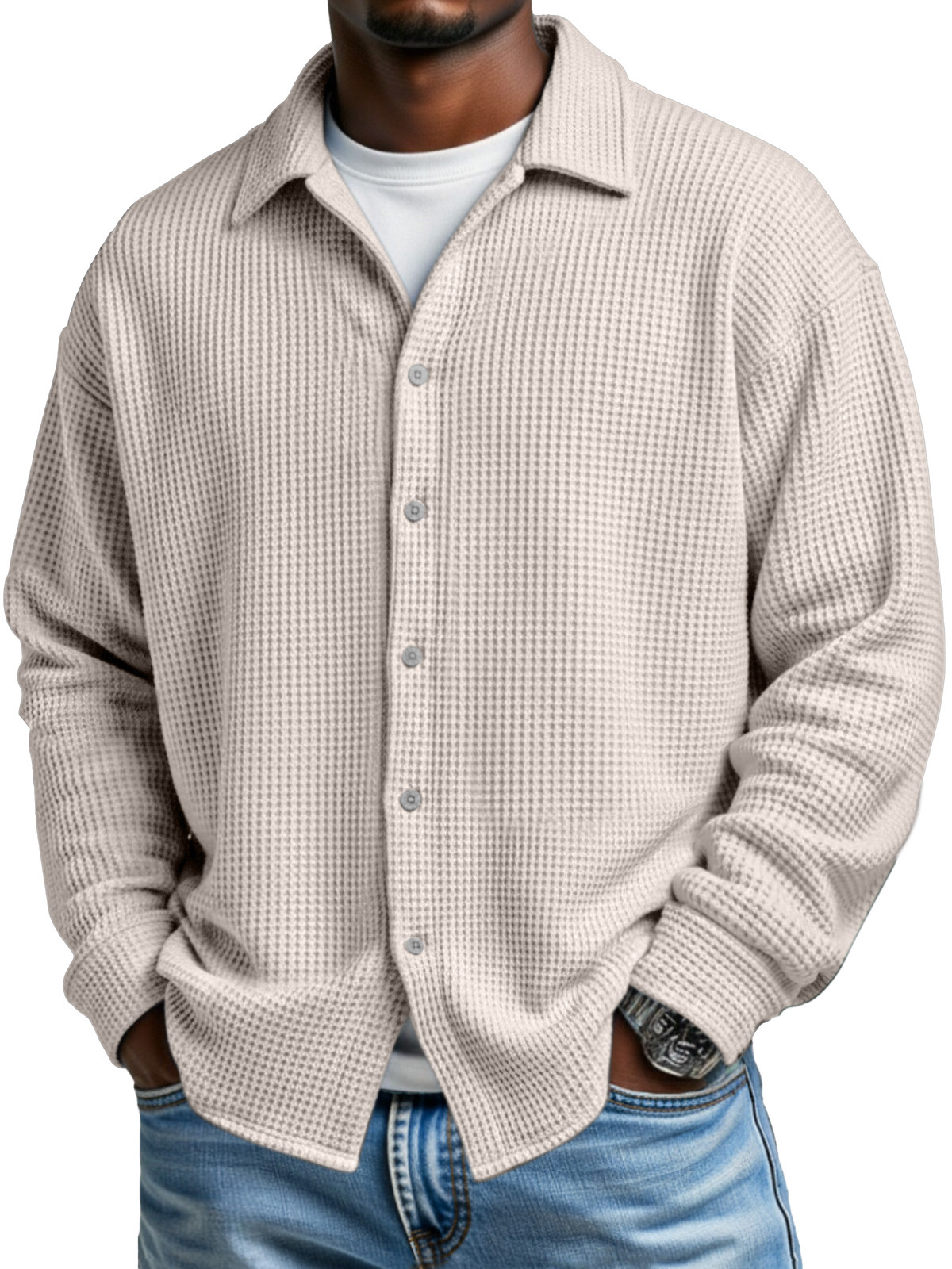 Men's Simple Solid Color Waffle Casual Loose Long-sleeved Shirt